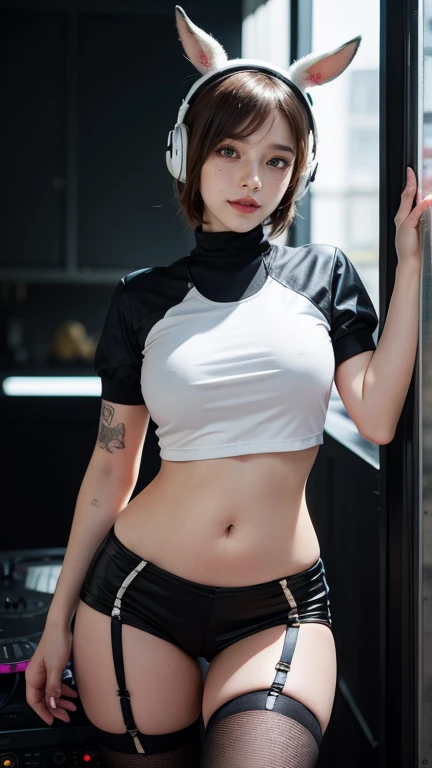 gwen tennyson,tracer,yorha 2b,yshtola rhul,d.va,overwatch,nier automata,eva pilot,cyberpunk night club,tattoos,orange and silver plugsuit,white short sleeve pilot top,orange lycra micro shorts,garter belt,uncovered belly,short hair,cute makeup,green eyes,d...