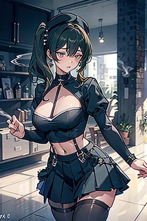  22 years old, (milf:0.8), (solo:1.5), (sfw:1.25), cute breast, beautiful breasts, medium tits, thin waist, big ass:1.0, Raised sexy, (beret, black jacket, open clothes, cleavage, midriff, black shorts, black thighhighs, thigh strap, fingerless gloves, sin...