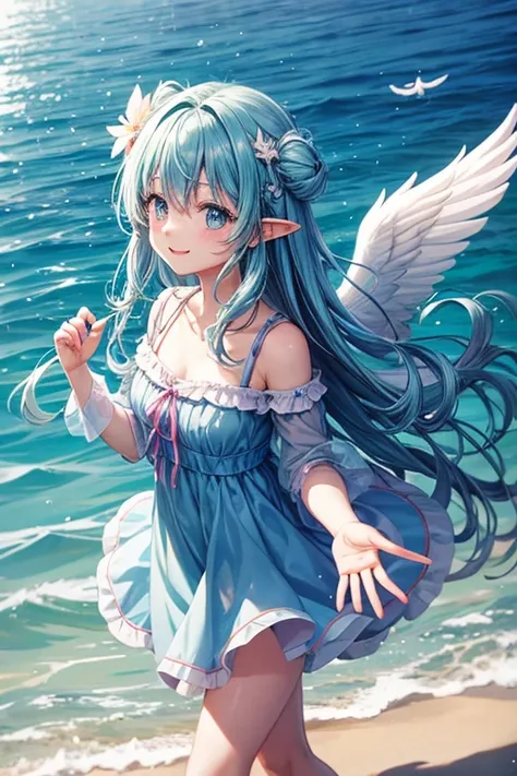 2D Girl、anime、In the water、Bubble、null、Angel、smile、Fluttering Hair、wing