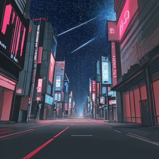 Japan，street，Not a single person，Cyberpunk color scheme，Glowing cards，Starry Sky，meteor