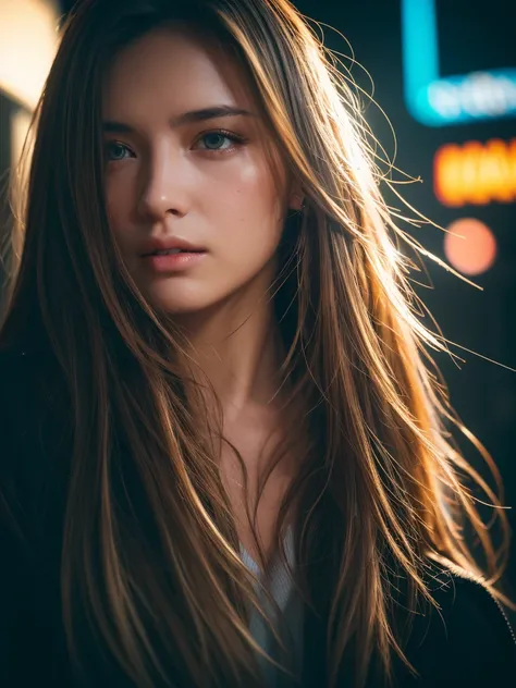 streaked hair, gradient hair, chiaroscuro, depth of field, cinematic lighting, film grain, Fujicolor, UHD, super detail, ccurate, masterpiece, award winning, best quality, anatomically correct, realstic,girl,1 female detailed face time square detailed back...