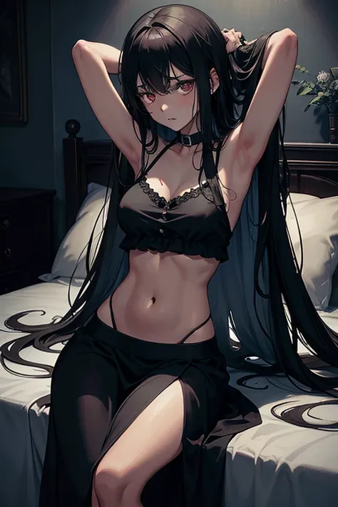 In the dimly lit room, an anime-style depiction of a dark-skinned girl lies in agony on her bed. Her lithe figure is clad in a cami crop top that exposes her slim, starved stomach, the ribs beneath visible through the thin fabric. Her long skirt hangs loos...