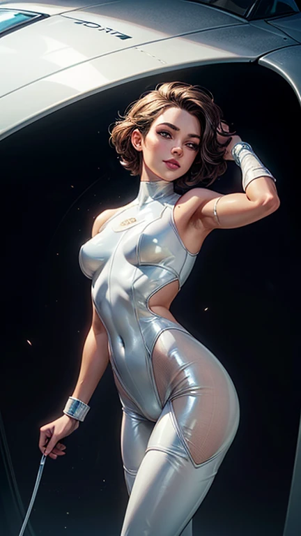 (best quality, 8k, masterpiece, ultra-detailed),super hero Woman 32 years-old,black short hair,beautiful detailed face, big eyelashes,little smile,small breasts,minimum waist,golden armlets,((((white sheer latex suit)))),gold belt,futuristic spaceship scen...