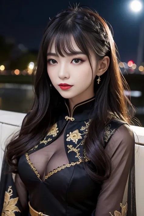 tra-detailed、２people、japanese people、attractive beauty、Captivating large people women、pretty woman、piercing eyes、cool girl、wavy hair、swept bangs、Long Black and Gold Cheongsam、wide sleeves、Evil cadres、evil depravity、brainwash、mind control、lipstick、have、lip ...