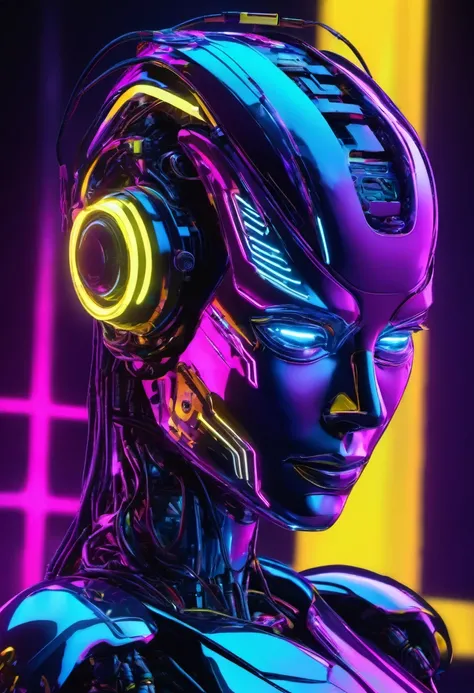 Cyber robot design, artificial intelligence,machine brain, computador, colorido neon, fundo preto, azul neon, roxo neon, amarelo neon, ciborgue, head I.A, alta qualidade, cores vivas, not human