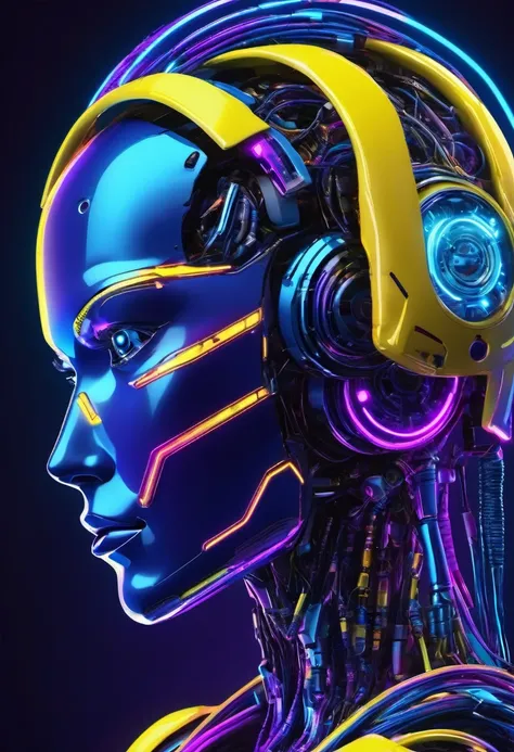 Cyber robot design, artificial intelligence,machine brain, computador, colorido neon, fundo preto, azul neon, roxo neon, amarelo neon, ciborgue, head I.A, alta qualidade, cores vivas, not human