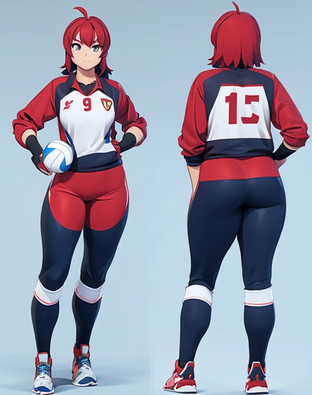 Anime woman, 3d rendering, volleyball player outfit, front and back, same person