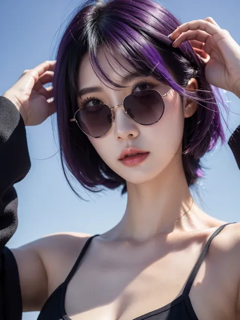 a Korean girl, purple hair, Black sunglasses., Surrealism, UHD, high quality, 8k