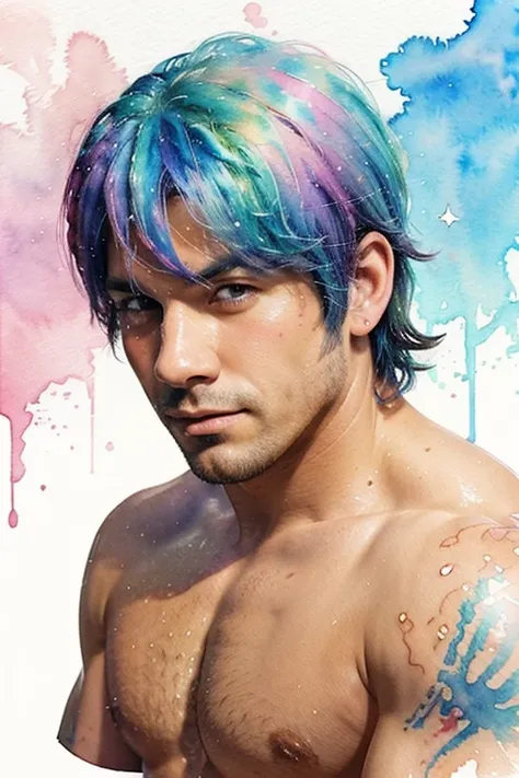 One muscular burly and tattooed solo man, ((watercolor texture)), colorful, soft color, anime illustration, bubble, glitter 