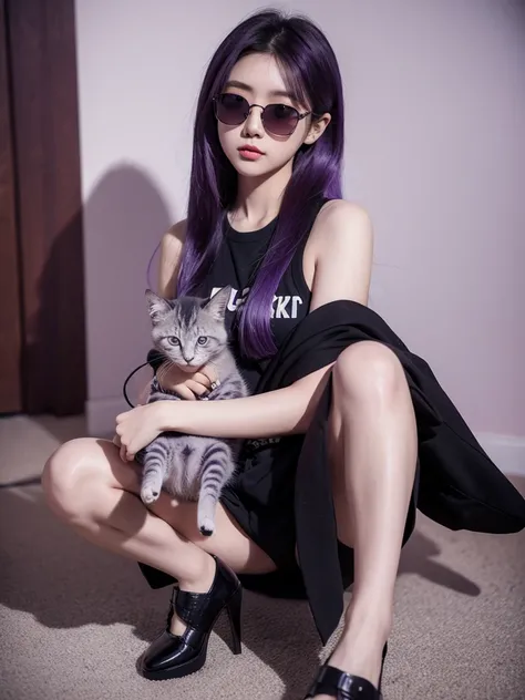 a Korean girl, purple hair, Black sunglasses., Holding a cute kitten., Surrealism, 8k