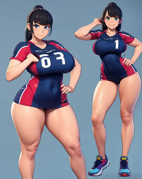 Anime woman, 3d rendering, volleyball player outfit, front and back, same person, thick thighs, big breasts, big ass, wide hips, tanned skin