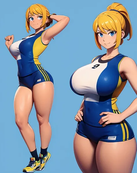 Anime woman, 3d rendering, volleyball player outfit, front and back, same person, thick thighs, big breasts, big ass, wide hips, tanned skin