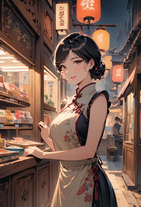 vintage film style, Medium shot, Depth of Field, midnight，Convenience store female owner，Black Hair，Brown eyes，delicate lips，Wear an apron，Confident smile，Neat appearance，Chinese traditional spring clothing，Floral Pattern，Standing in a brightly lit conveni...