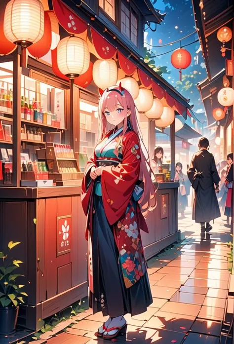 1Girl, Zero Two, Darling in the Franxx, exquisite eyes,beautiful,detailed lips,wearing a beautiful kimono,attending a summer festival under a starry night sky. The girl is exploring the festival shop and admiring the colorful decorations and traditional cr...