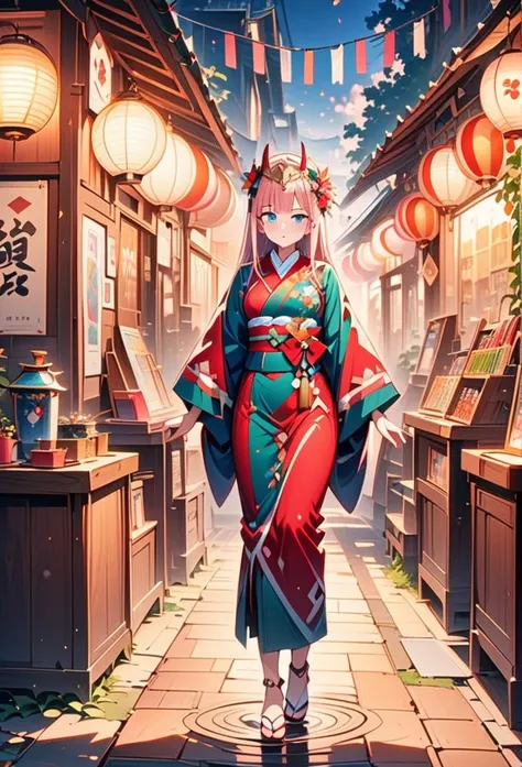 1Girl, Zero Two, Darling in the Franxx, exquisite eyes,beautiful,detailed lips,wearing a beautiful kimono,attending a summer festival under a starry night sky. The girl is exploring the festival shop and admiring the colorful decorations and traditional cr...