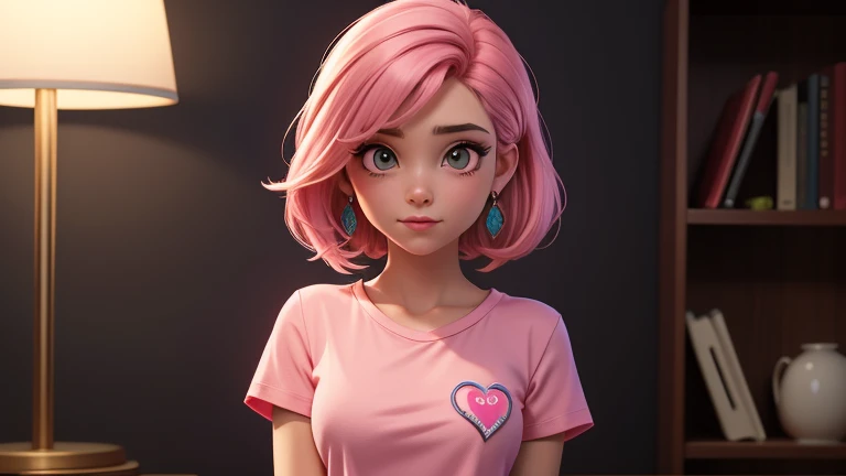 obra de arte, melhor qualidade, high resolution, extremamente detalhado, fundo detalhado, cinematic lighting, 1 garota, olhando para o espectador de frente, cabelos castanhos,  medium smooth, olhos castanhos dourados, wearing a pink t-shirt with heart deta...