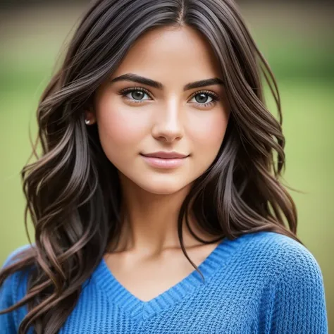 Beautiful brunette wearing blue sweater, V-neck, Very detailed, 21 years, Innocent face, Natural wavy medium long hair, The head has real strands, Brown eyes, high resolution, masterpiece, best quality, Intricate details, Very detailed, Sharp focus, Delica...