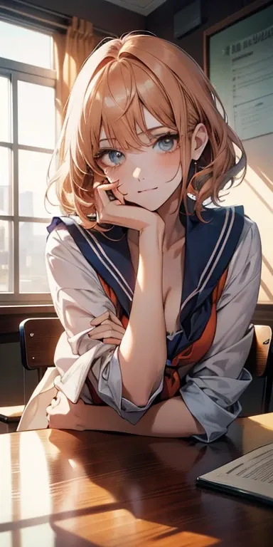 Blue-orange curls are curved inward，，There is a strong sense of freshness and freshness,girl with,((serafuku)), hands on ones face, Elbows on the desk, Sit up, ‎Classroom, sunlights, window, see the beholder, Face in Love, I can see the cleavage:1.2, The f...