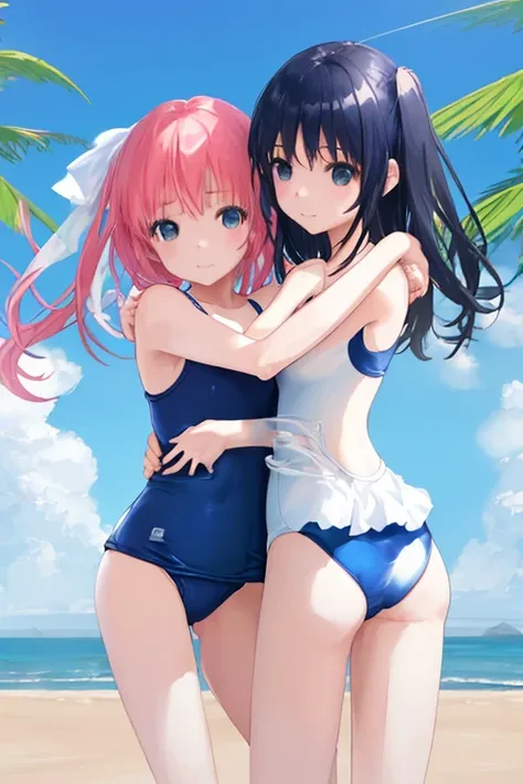 New school swimsuit、Lori､Two girls､Embrace each other、blue sky､Seaside