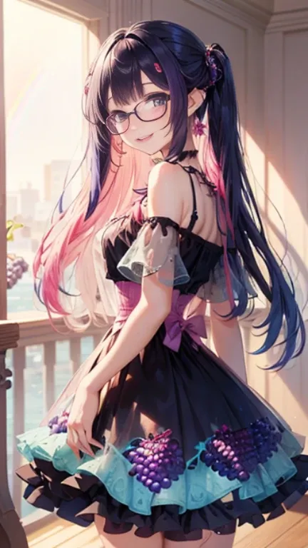 小さなgirl、Glasses、petal、Thick thighs、Big Ass、 (alone:1.5,)Very detailed,Bright colors, Very beautiful detailed anime faces and eyes, Look straight ahead, Shiny_skin,girl,(((long hair、Rainbow Hair, Colorful Hair, Half black、Half pink hair: 1.2)))  、forehead i...