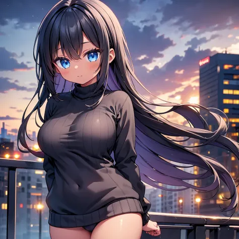 highest quality,wonderful,finely,extremely detailed CG Unity 8K wallpaper,1 girl dark skin, big breasts,(Black sweater), Put your arms behind your back, Black Hair, long hair, Blue Eyes, Gal,Waistline