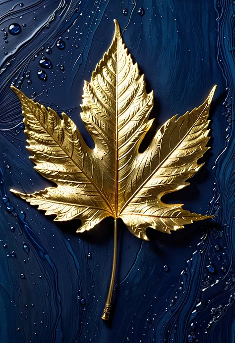 The image shows a piece of artwork featuring a gold leaf leaf. The leaf is intricately detailed, with the veins and textures of the leaf rendered in a realistic manner. The gold leaf has a shiny, metallic appearance, and the leaf is set against a solid blu...