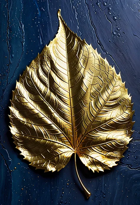 the image shows a piece of artwork featuring a gold leaf leaf. the leaf is intricately detailed, with the veins and textures of ...