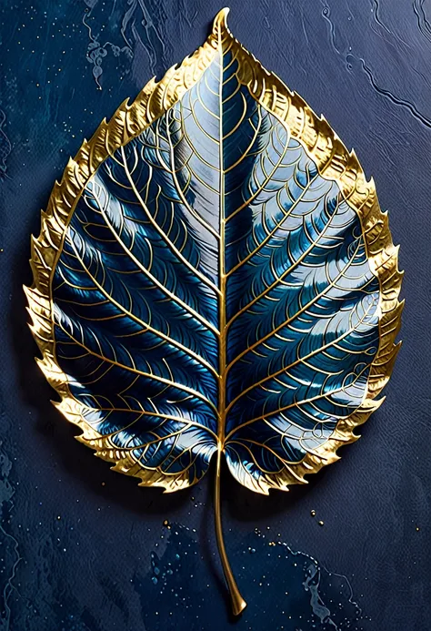 The image shows a piece of artwork featuring a gold leaf leaf. The leaf is intricately detailed, with the veins and textures of the leaf rendered in a realistic manner. The gold leaf has a shiny, metallic appearance, and the leaf is set against a solid blu...