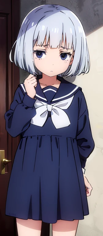 Girl children , short gray hair, blue eyes, wears a sailor dress.