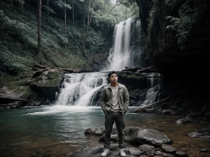 amateur photography posted to facebook ,fujifilm xt3, canon r5, handsome thai men, waterfall forest, daylight,