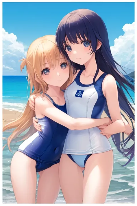 New school swimsuit、Lori､Two girls､Embrace each other、blue sky､Seaside