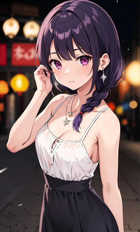 masterpiece, best quality, Ultra-high resolution,Photon Mapping,The best shadow,portrait,beautiful details,Ultra-high detail,long purple hair,Single Braid,Bangs,Medium breasts,City,Chinatown,city center,see through, Short skirt, Low-cut:2, Hair accessories...