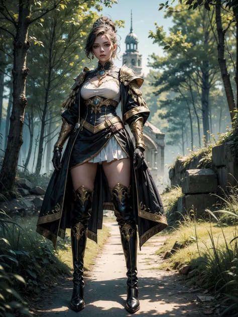 (tall 17 years ol girl with long legs and slender body), (standing pose), (body facing to the viewer), (short hair), (tutututu), (high heel boots:1.3),full medium breasts,medium round breasts, 1 girl, (black updo:1.2), (steel armor:1.1) royalty ornate (emb...