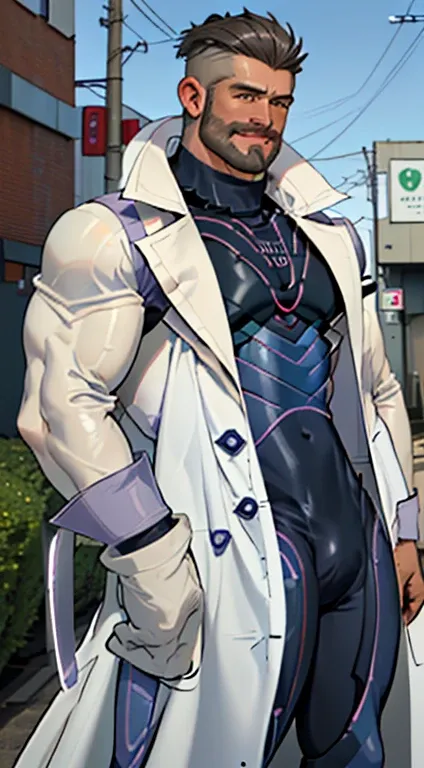 (masterpiece, Best Quality:1.2), Cowboy Shot, Solo, Male Focus, 1boy, Pokemon Touro, Closed mouth, Looking at Viewer, Open clothes, ((labcoat)), ((purple bodysuit),  muscular guy, burly, hunk, Hot, big shoulders, big muscle, musculature、 (hyperdetailed fac...