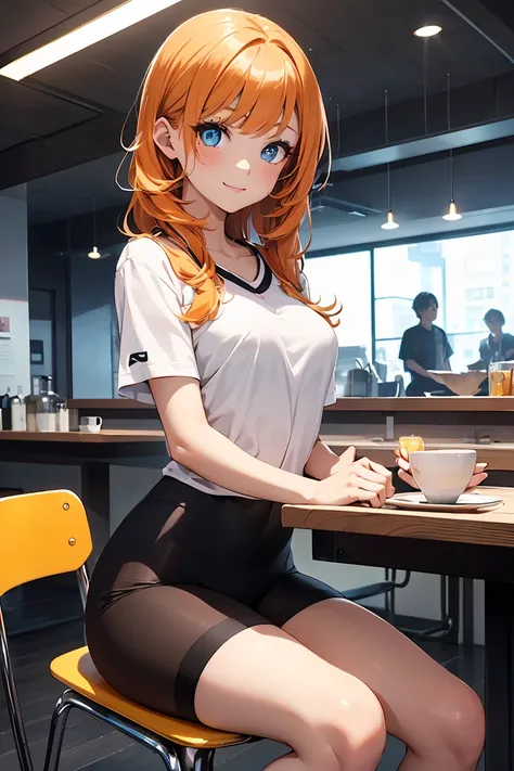 ((1 girl)), latest trend clothes, breakfast, During meals, Bright smile, Sit on a dining chair,Sportswear, Shorts,black tights,((Very detailed,highest quality, High resolution, 8k wallpaper, Beautiful clothes,)),(Dull orange hair, Shortcuts,boyish,Bouncy h...