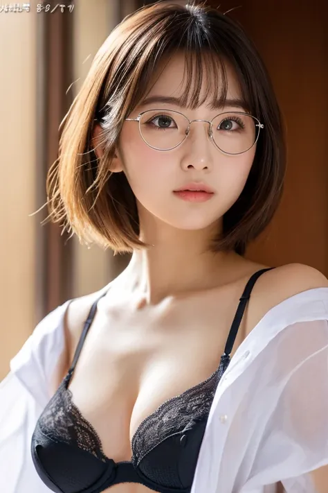 Inconspicuous、Quiet、bra, (rimless round glasses)、sexy、beautiful girl、(small breasts),Japanese, bob cut,Ultra-realistic capture, Highly detailed, High resolution 16k close-up of human skin, Skin texture must be natural, With such detail that pores can be fi...