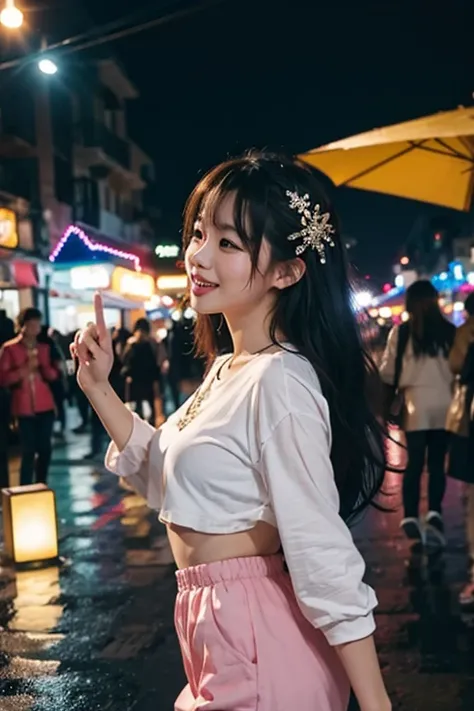 pretty asian woman dancing in the rain at outdoor nightclub laughing joyfully. open air club here is full of people dancing around her, amid colorful lights and bokeh effects, photo realistic, cinematic, movie still, summer vibes, captured in the style of ...