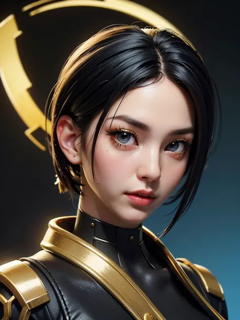 (High resolution), (Ultra delicate), (clear), Realistic，((A girl with black hair and gold inner color)).((cyber punk)），face，Skin realism、A fusion of Japanese style and the near future、Black pupil
、Figure-like texture