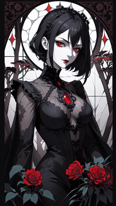 basic art nouveau，vampire woman with black hair and red eyes，short hair，（upper body portrait），young，(((oval face)))，dark clothin...