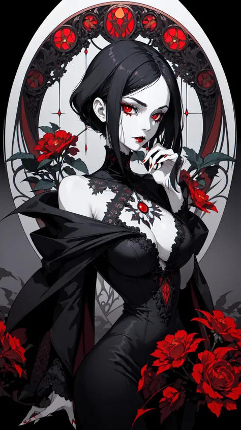 Basic Art Nouveau，Vampire woman with black hair and red eyes，short hair，（Upper body portrait），young，(((Oval face)))，Dark clothing，Soft and melancholy face，Beautifully，No wrinkles，Gothic style，Synthwave meets Art Nouveau，Bold and smooth lines，Dynamic compos...