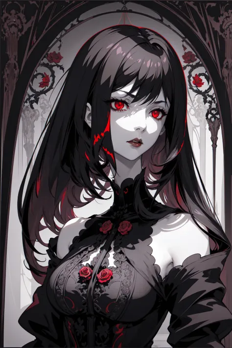 basic art nouveau，vampire woman with black hair and red eyes，short hair，（upper body portrait），young，(((oval face)))，dark clothin...