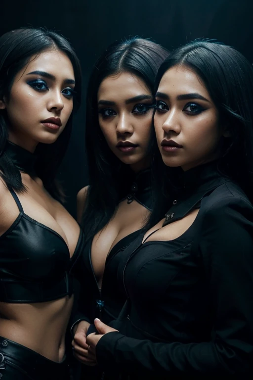 trio indonesian girlband, close up, blue and black suit, gothic make up, stunning blue black make up, black background, backlight, epic, music poster, artistic, detailed, 4k