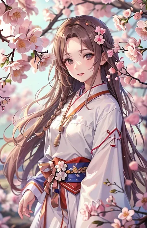 ((highest quality)), ((masterpiece)), (Get used to it), Perfect Face , beautiful girl , Long and beautiful hair , braided hairstyle , cherry blossoms , 背景には綺麗なcherry blossoms ,