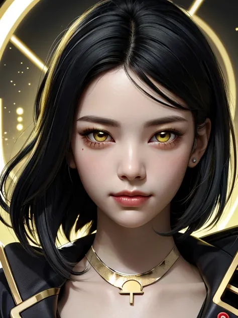 (High resolution), (Ultra delicate), (clear), Realistic，((A girl with black hair and gold inner color)).((cyber punk)），face，Skin realism、A fusion of Japanese style and the near future、Black pupil、Astrology
