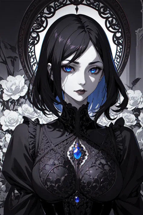 basic art nouveau，vampire woman with black hair and blue eyes，short hair，（upper body portrait），young，(((oval face)))，dark clothi...