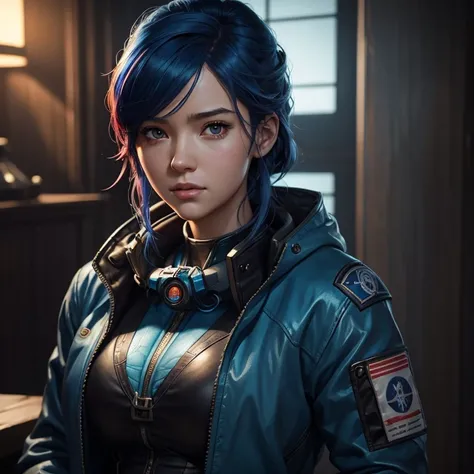 a woman with colorful hair and a blue jacket, a character portrait artgerm, afrofuturism, glowwave girl portrait, lucio as a woman, portrait of a cute pilot girl portrait of anime (((woman))) cute-fine face, blue-red hair pretty face, realistic shaded perf...