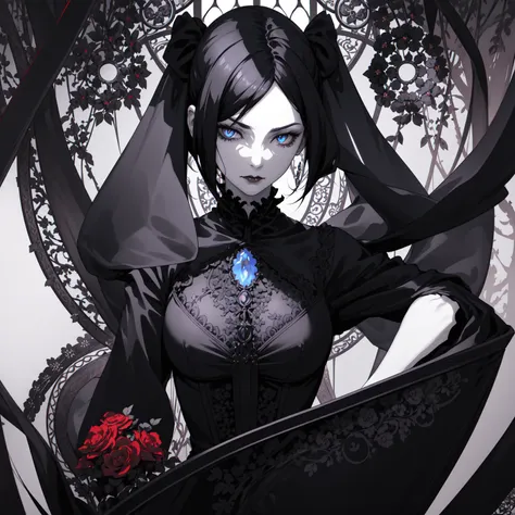 basic art nouveau，vampire woman with black hair and blue eyes，short hair，（upper body portrait），young，(((oval face)))，dark clothi...