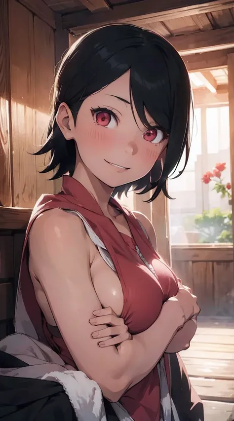 1girl, sarada uchiha in anime boruto, short hair, black hair, red eyes, smile, beautiful, masterpiece, absurdres, hinata(boruto), teen female, towel outfit, looking at viewer, (falling petals), perfect composition, detailed lips, huge medium breast, beauti...