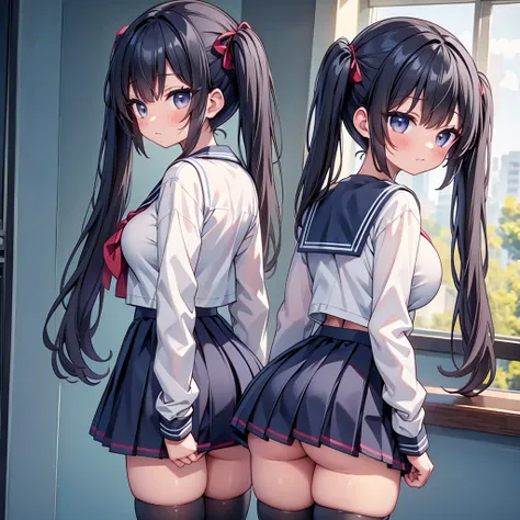 highest quality,wonderful,finely,extremely detailed CG Unity 8K wallpaper, (sex from behind:1.2), (1 girl, Black Hair,Twin tails, clothed),(huge breasts:1.1),(Sailor suit:1.3), (zettai ryouiki:1.4),(from behind:1.3)