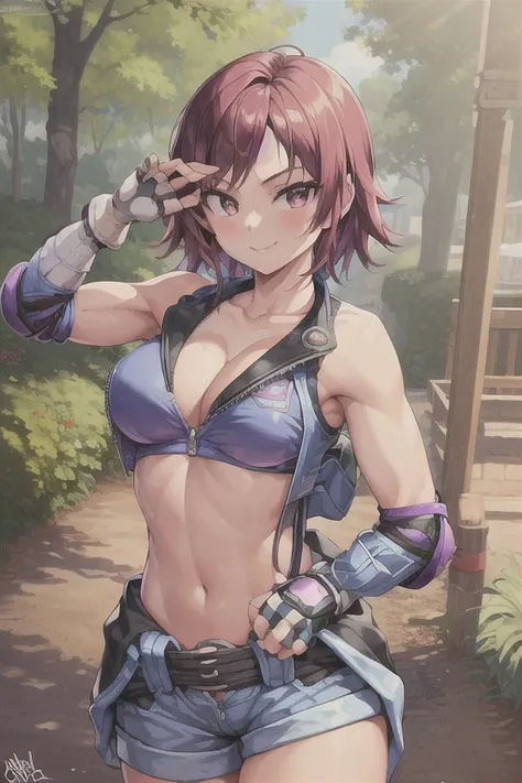 (masterpiece, 4k, high quality, colorful, super detailed eyes and face:1.2), cowboy shot, solo, 1girl, kazama asuka, smile, looking at viewer, jumpsuit, unzipped, short shorts, elbow pads, (fingerless gloves:1.1), clothes around waist, navel, cleavage
